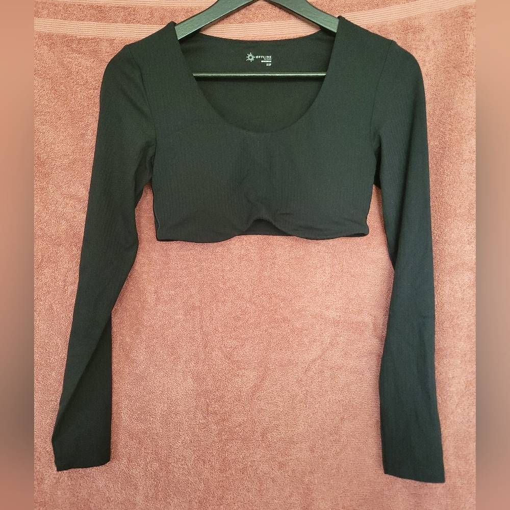 Offline By Aerie Black Long Sleeve Cropped Top